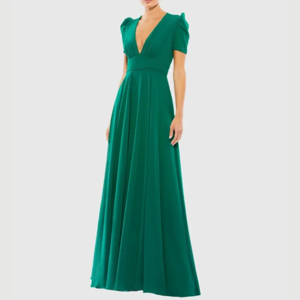 Mac‎ Duggal 55681 Womens Size 6 Green Short Puff Sleeve V-Neck Long Maxi Dress